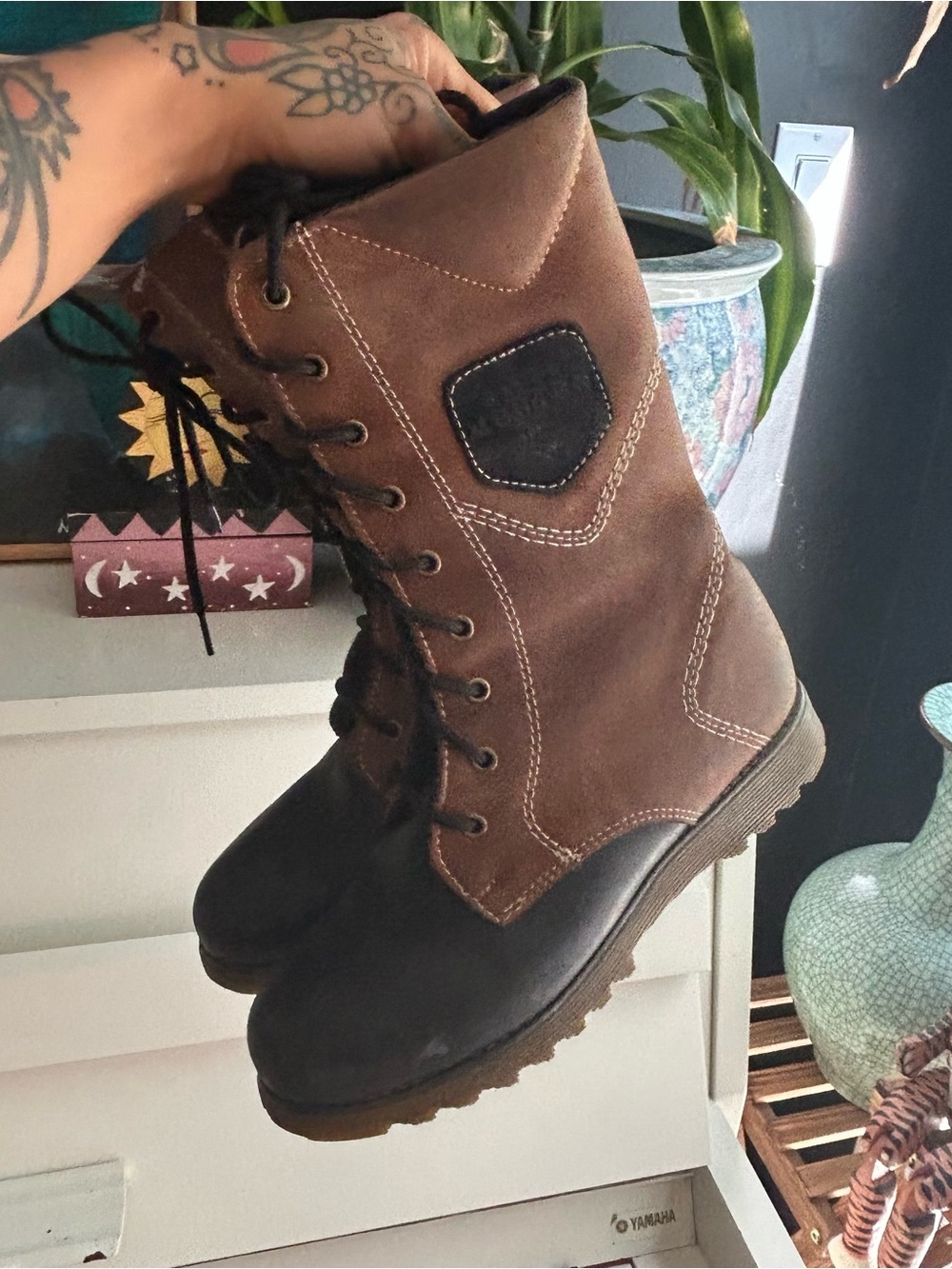 Saute Mouton Yasmine Brown Black Leather Lace Up Combat Boots Women’s 38